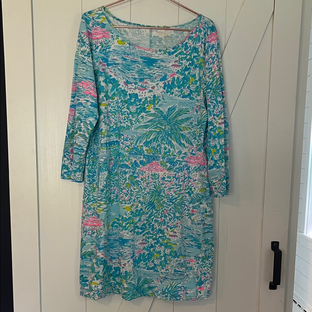 Lilly Pulitzer Aqua, Pink & Lime Floral Shift Dress size L-flattering!🌴🏖️🛳️